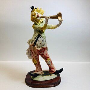 Vintage Pucci Clown Figurine 1980s Resin Horn Player On Wood Base as is